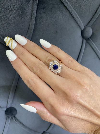 Art Deco Style Blue Round Sapphire Baguette Diamond Halo 18k Rose Gold Ring