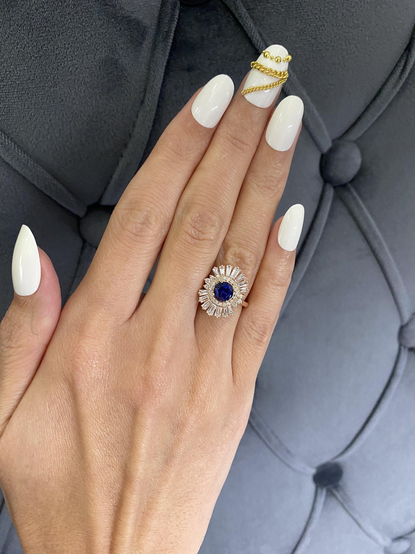 art deco style blue round sapphire baguette diamond halo 18k rose gold ring