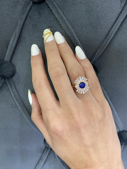 Art Deco Style Blue Round Sapphire Baguette Diamond Halo 18k Rose Gold Ring