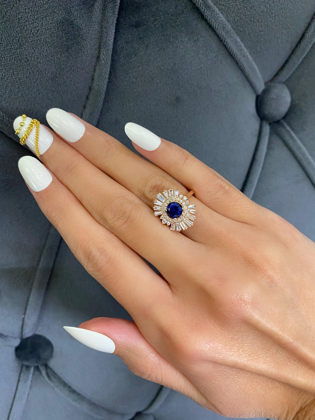 Art Deco Style Blue Round Sapphire Baguette Diamond Halo 18k Rose Gold Ring