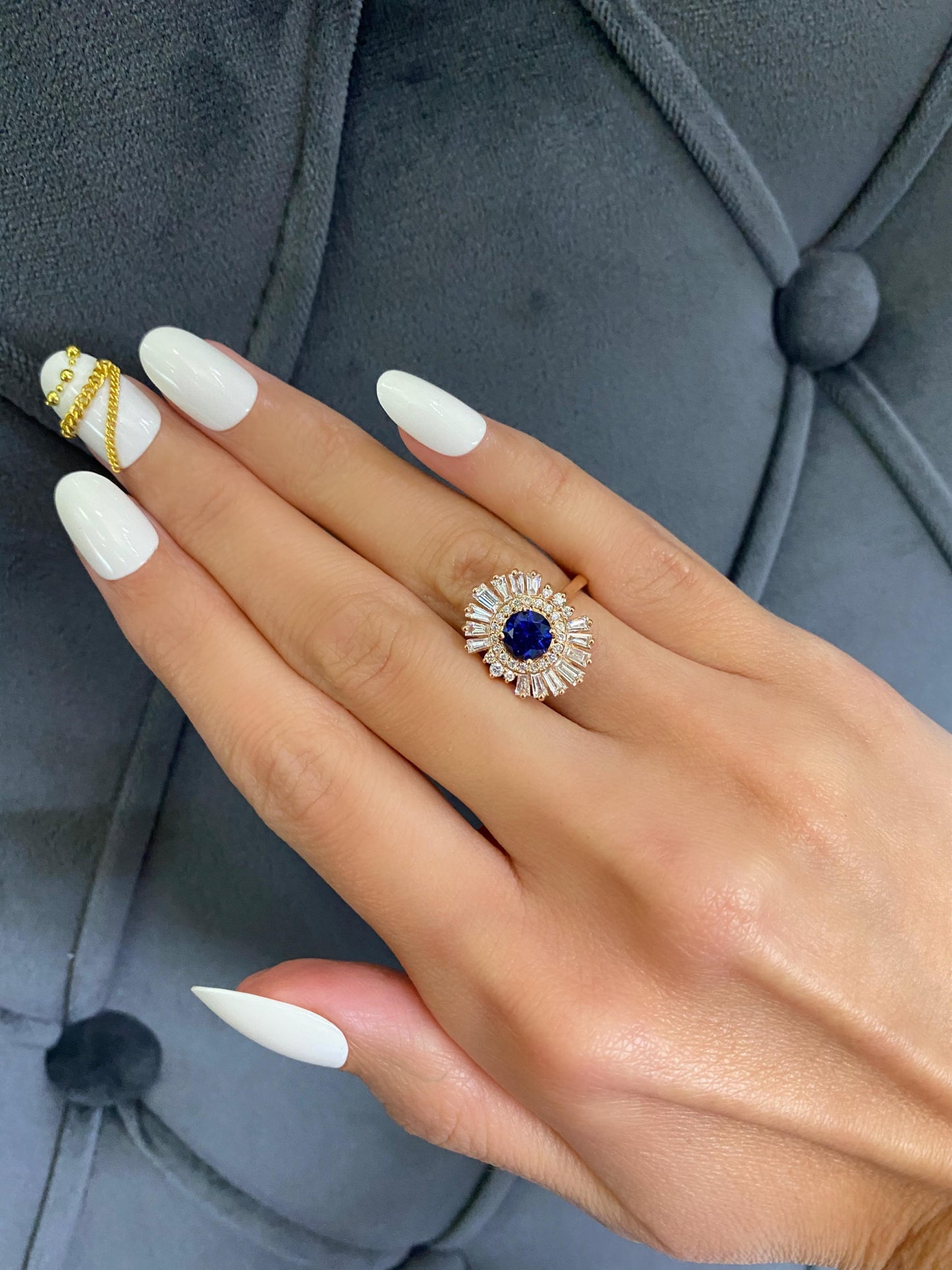 art deco style blue round sapphire baguette diamond halo 18k rose gold ring