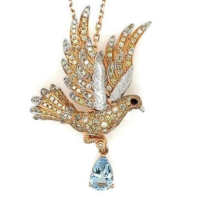 Aquamarine & Ruby & Diamond Pave Dove Bird 18K Two Tone Gold Pendant Necklace