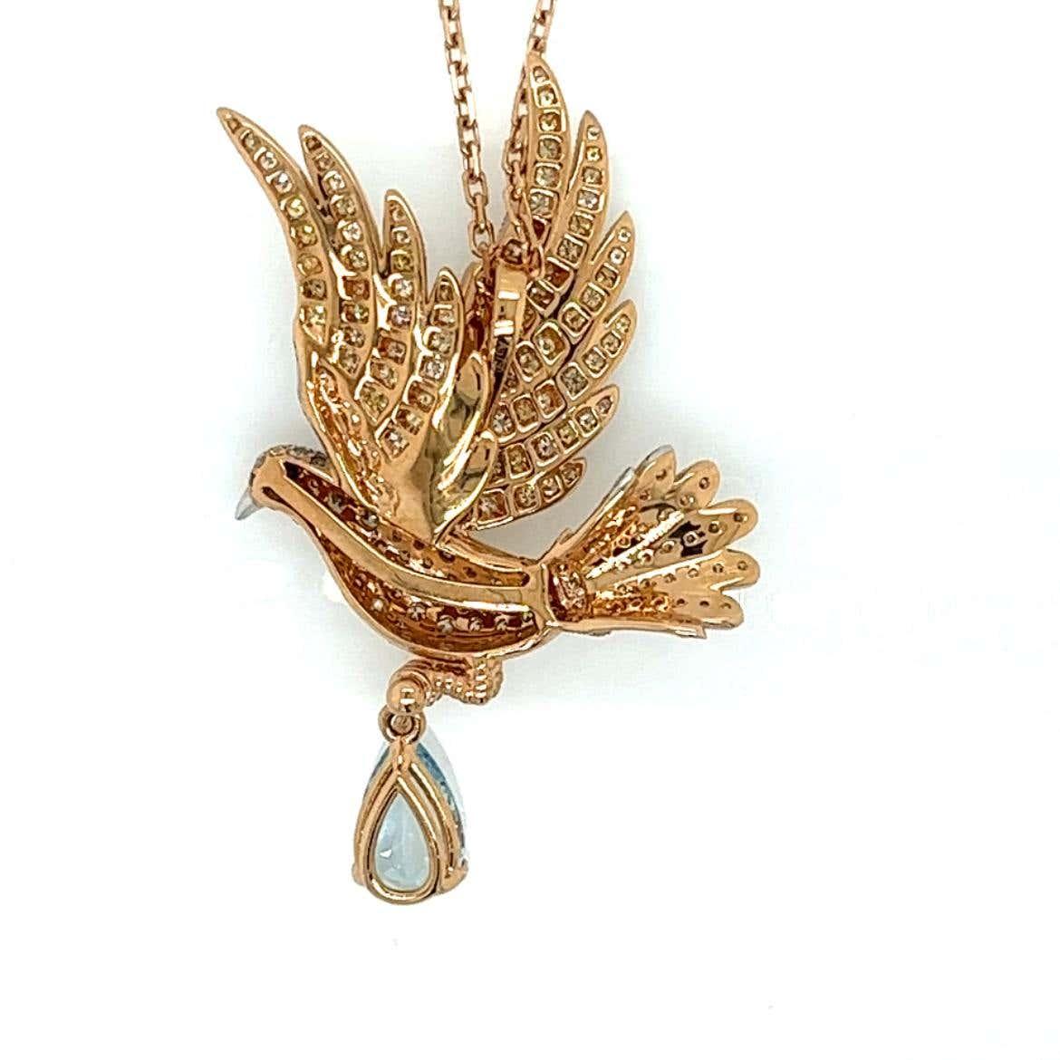 Aquamarine & Ruby & Diamond Pave Dove Bird 18K Two Tone Gold Pendant Necklace