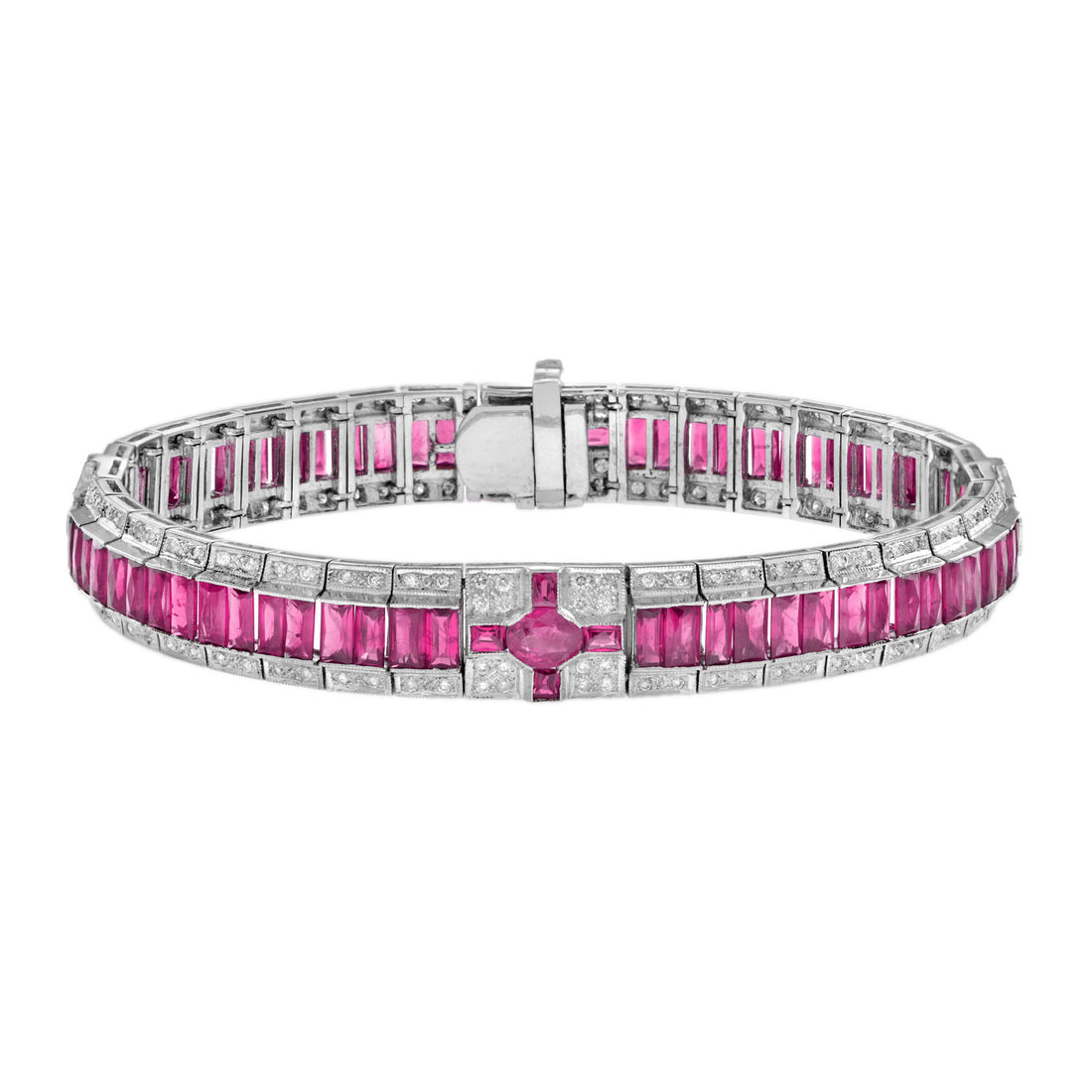 Art Deco Style Inspired Pink Red Ruby & Diamond 18K White Gold Line Bracelet