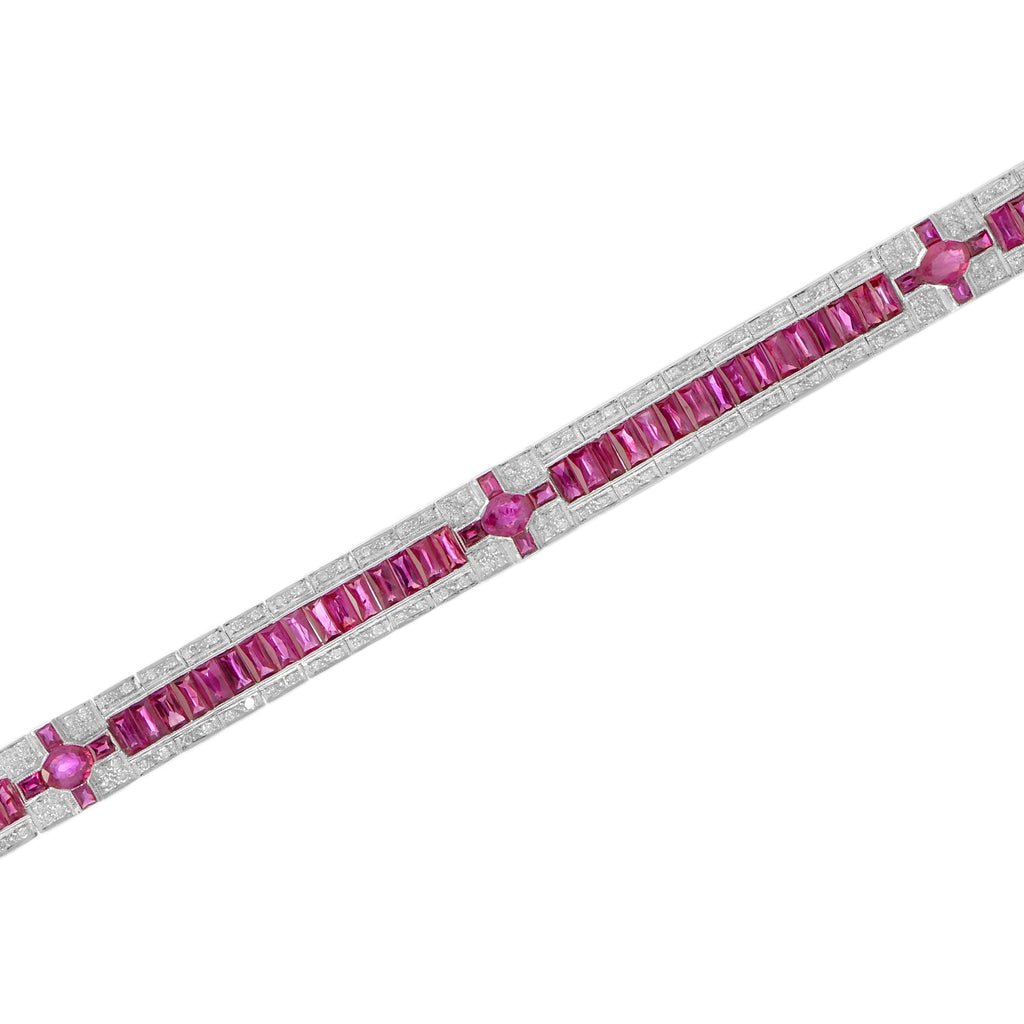 Art Deco Style Inspired Pink Red Ruby & Diamond 18K White Gold Line Bracelet