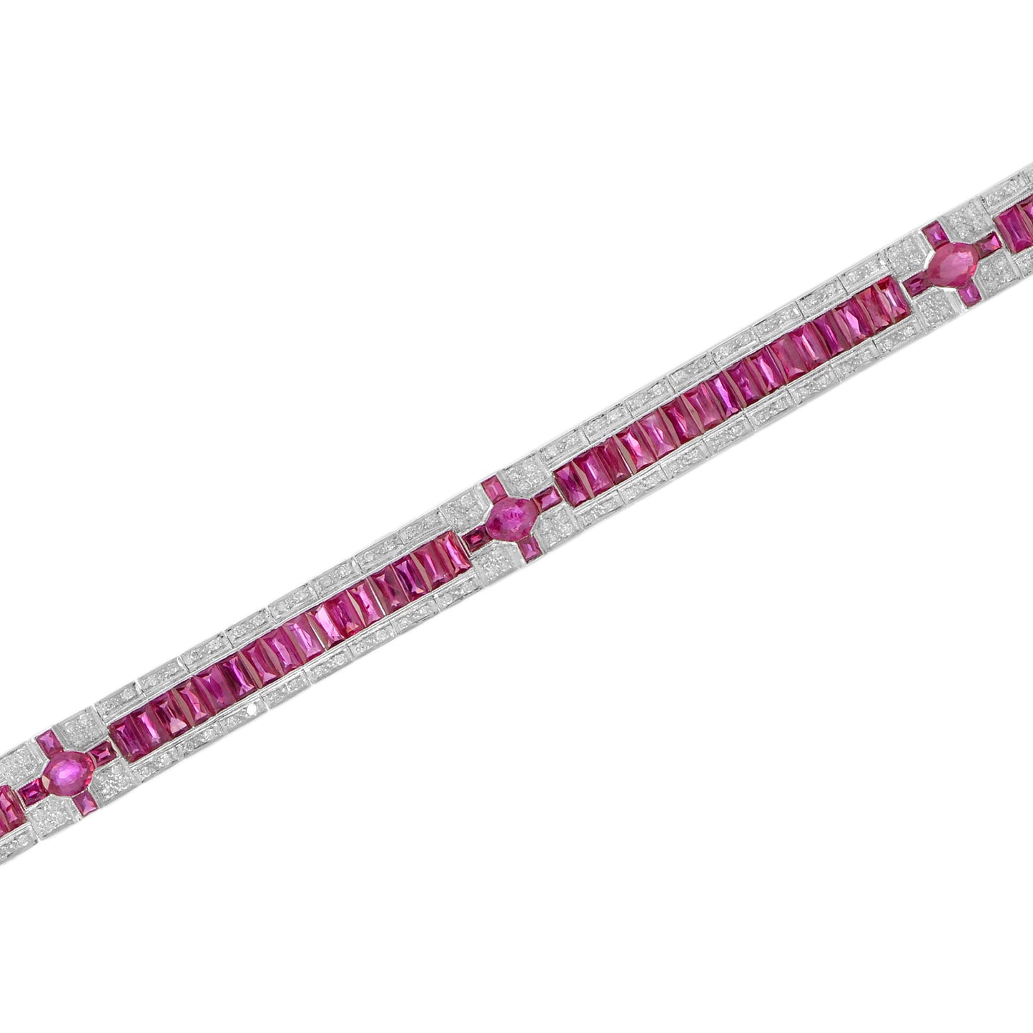 art deco style inspired pink red ruby & diamond 18k white gold line bracelet