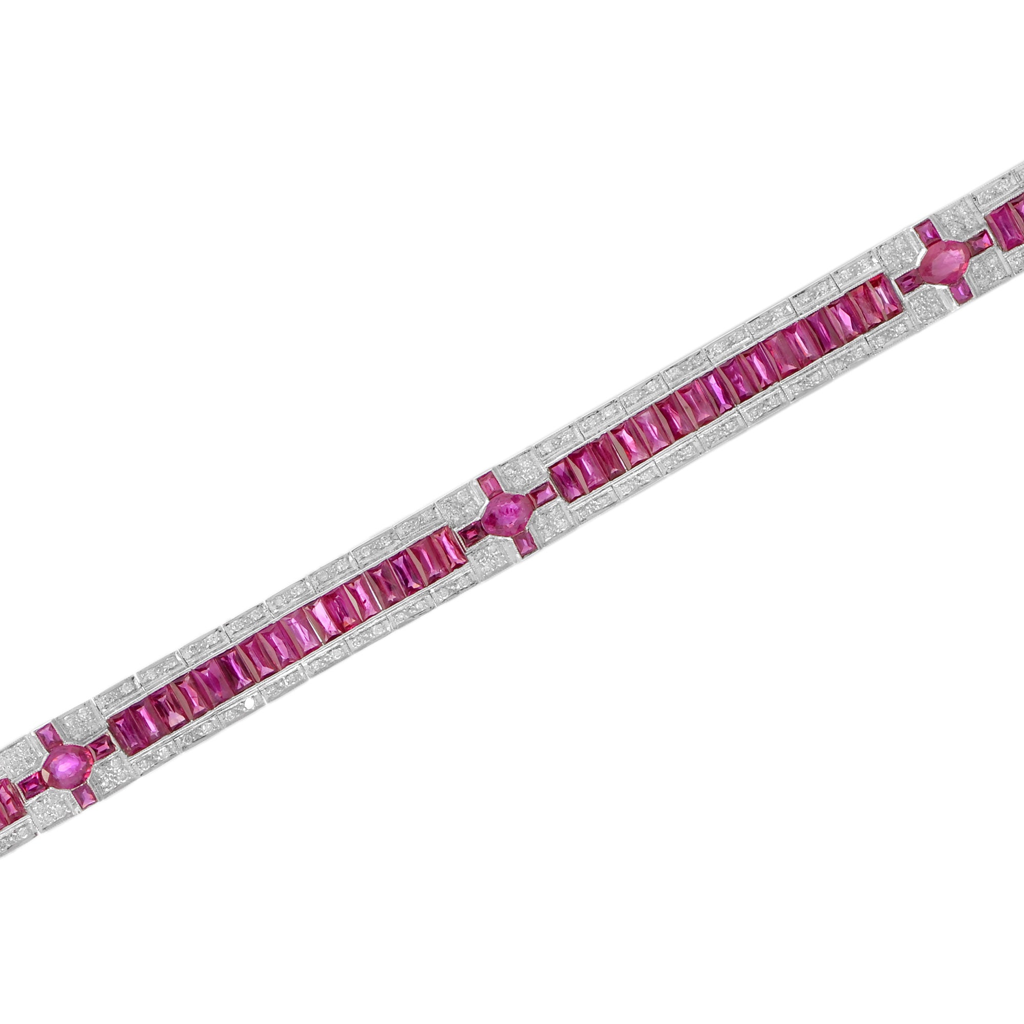 Art Deco Style Inspired Pink Red Ruby &amp; Diamond 18K White Gold Line Bracelet