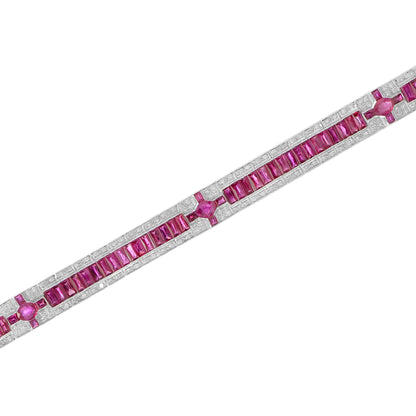 Art Deco Style Inspired Pink Red Ruby & Diamond 18K White Gold Line Bracelet