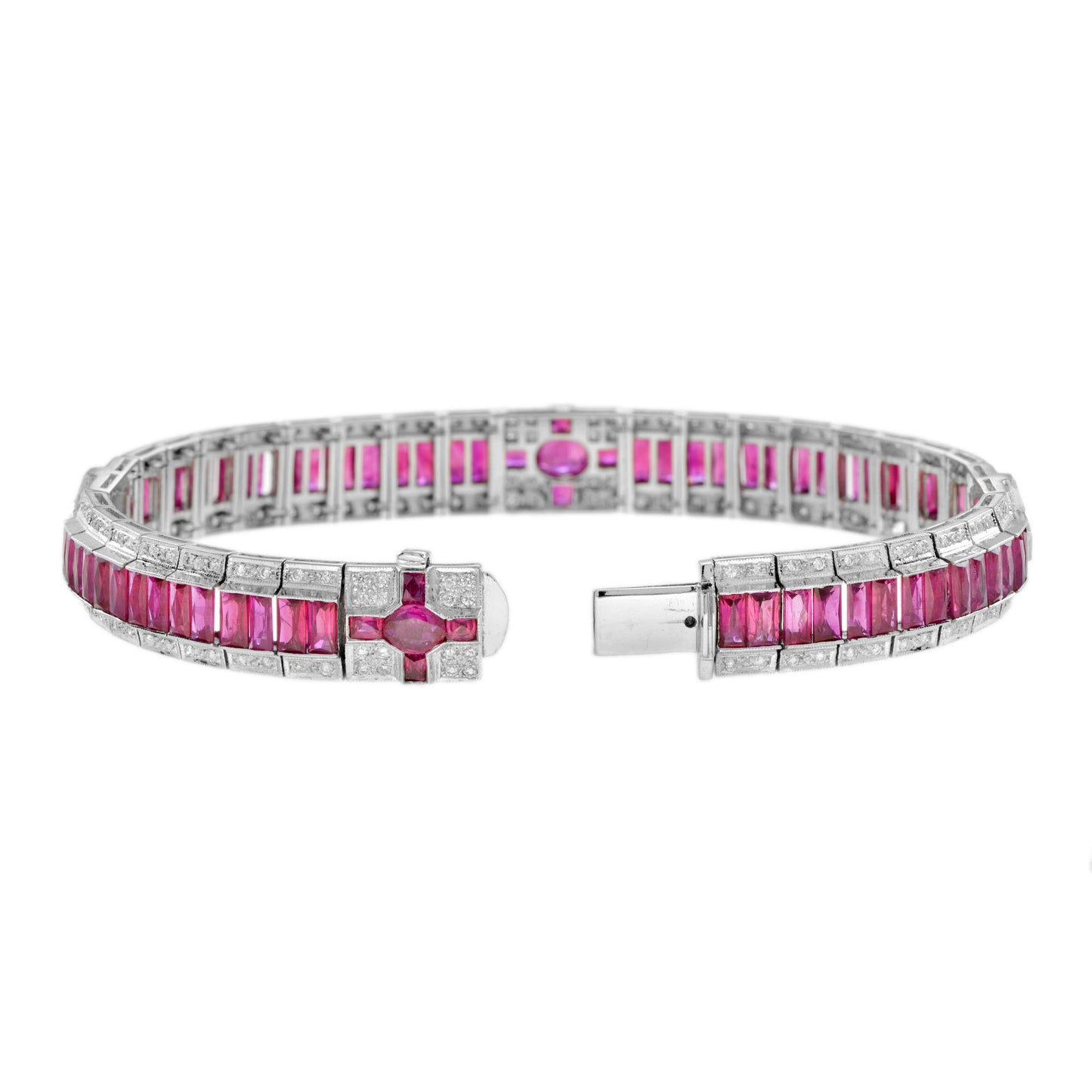 art deco style inspired pink red ruby & diamond 18k white gold line bracelet