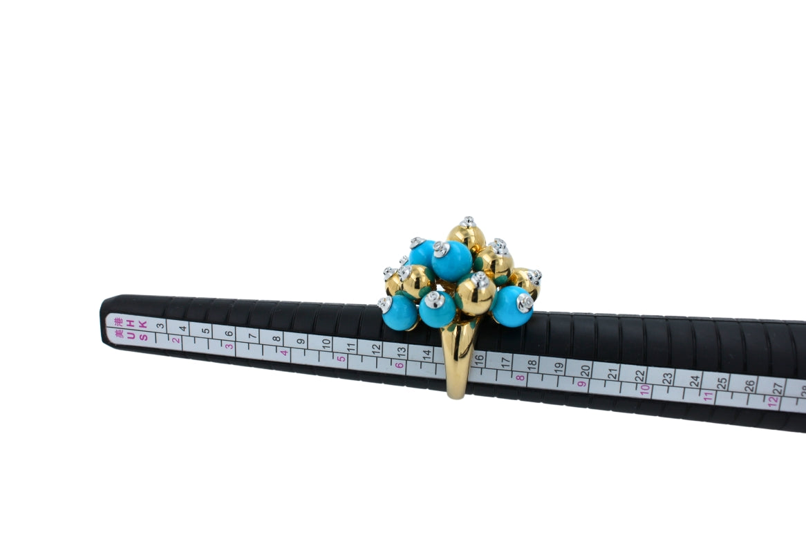 blue turquoise diamonds golden spheres balls christmas bells motif 18k gold ring
