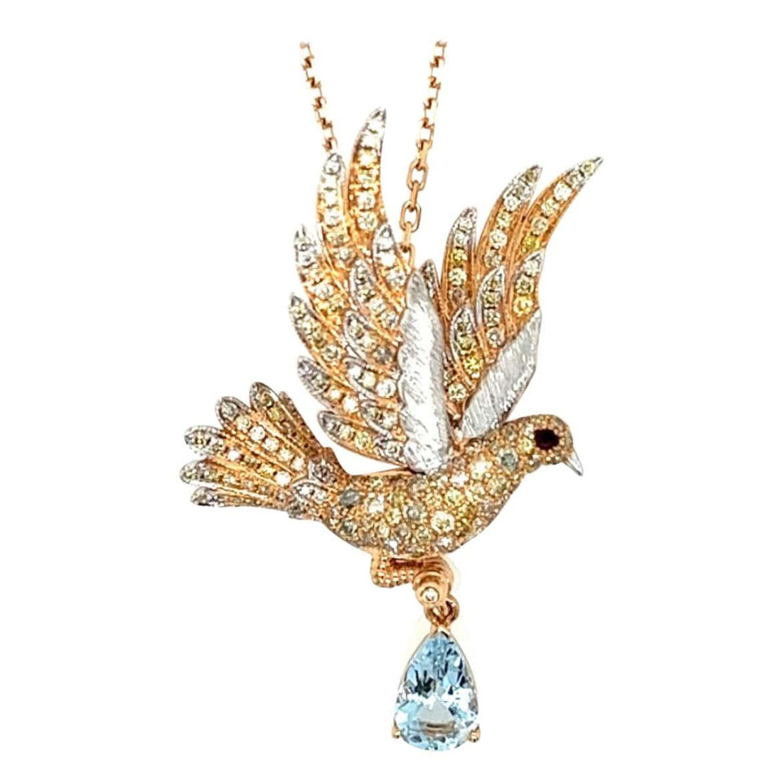Aquamarine & Ruby & Diamond Pave Dove Bird 18K Two Tone Gold Pendant Necklace