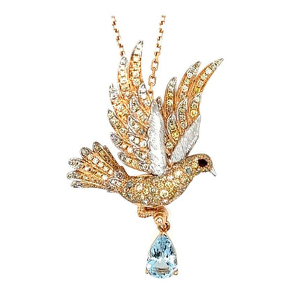Aquamarine & Ruby & Diamond Pave Dove Bird 18K Two Tone Gold Pendant Necklace