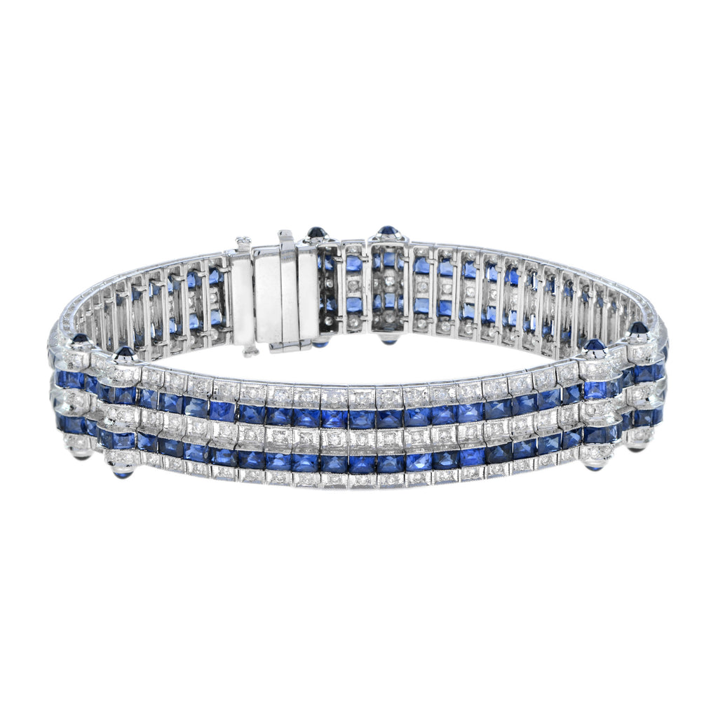 Art Deco Style Blue Sapphire & Diamond Princess Tennis 18K White Gold Bracelet
