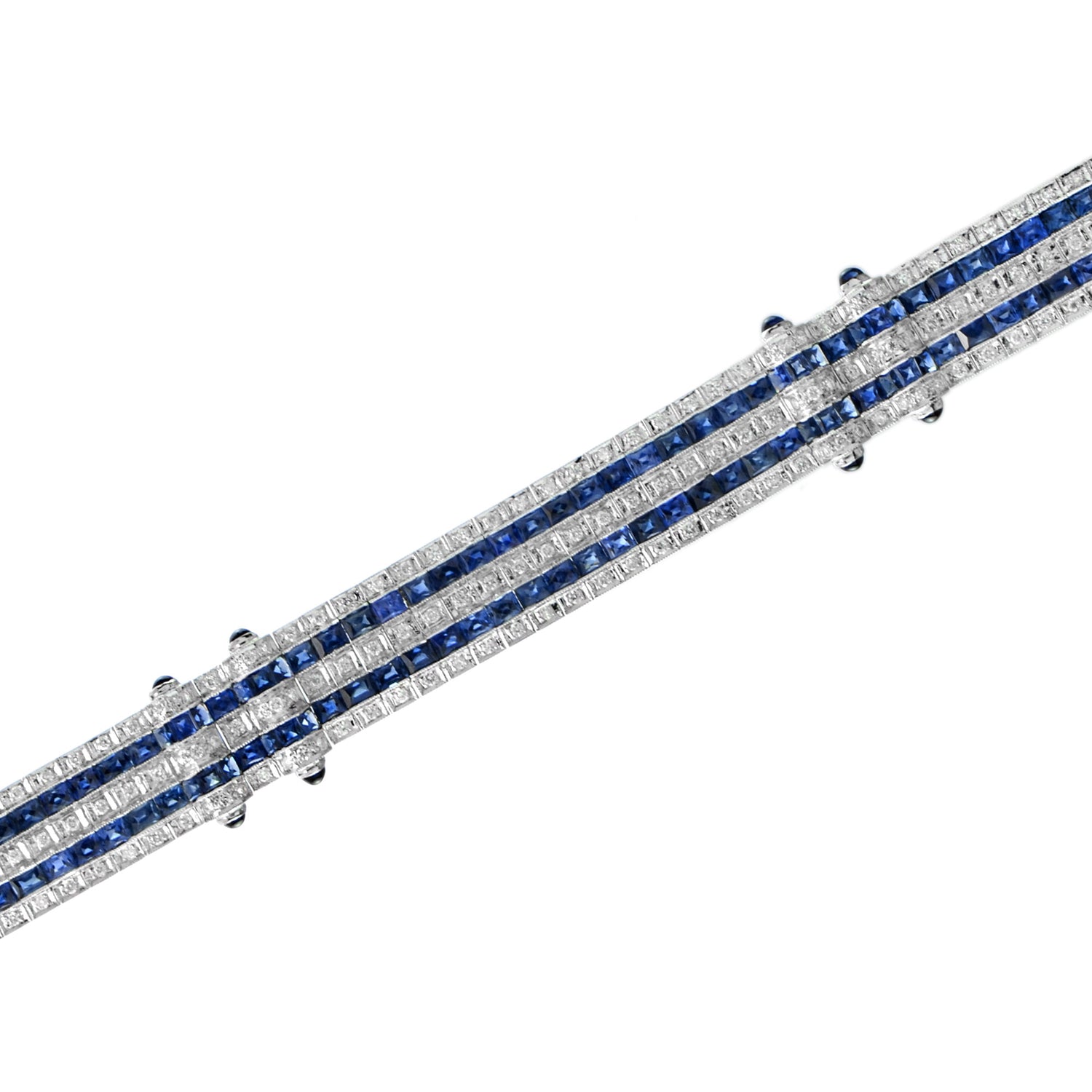 Art Deco Style Blue Sapphire &amp; Diamond Princess Tennis 18K White Gold Bracelet