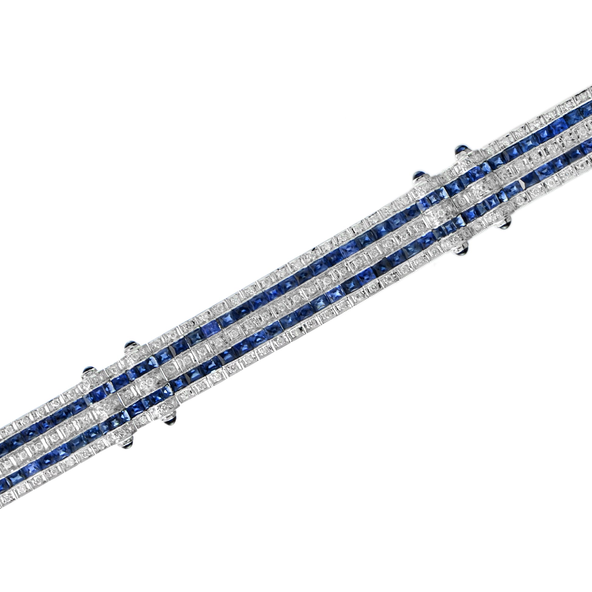 Art Deco Style Blue Sapphire & Diamond Princess Tennis 18K White Gold Bracelet