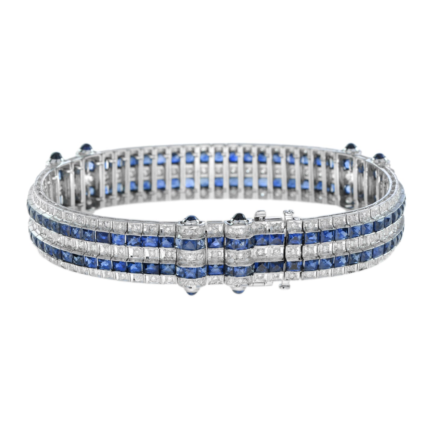 art deco style blue sapphire & diamond princess tennis 18k white gold bracelet