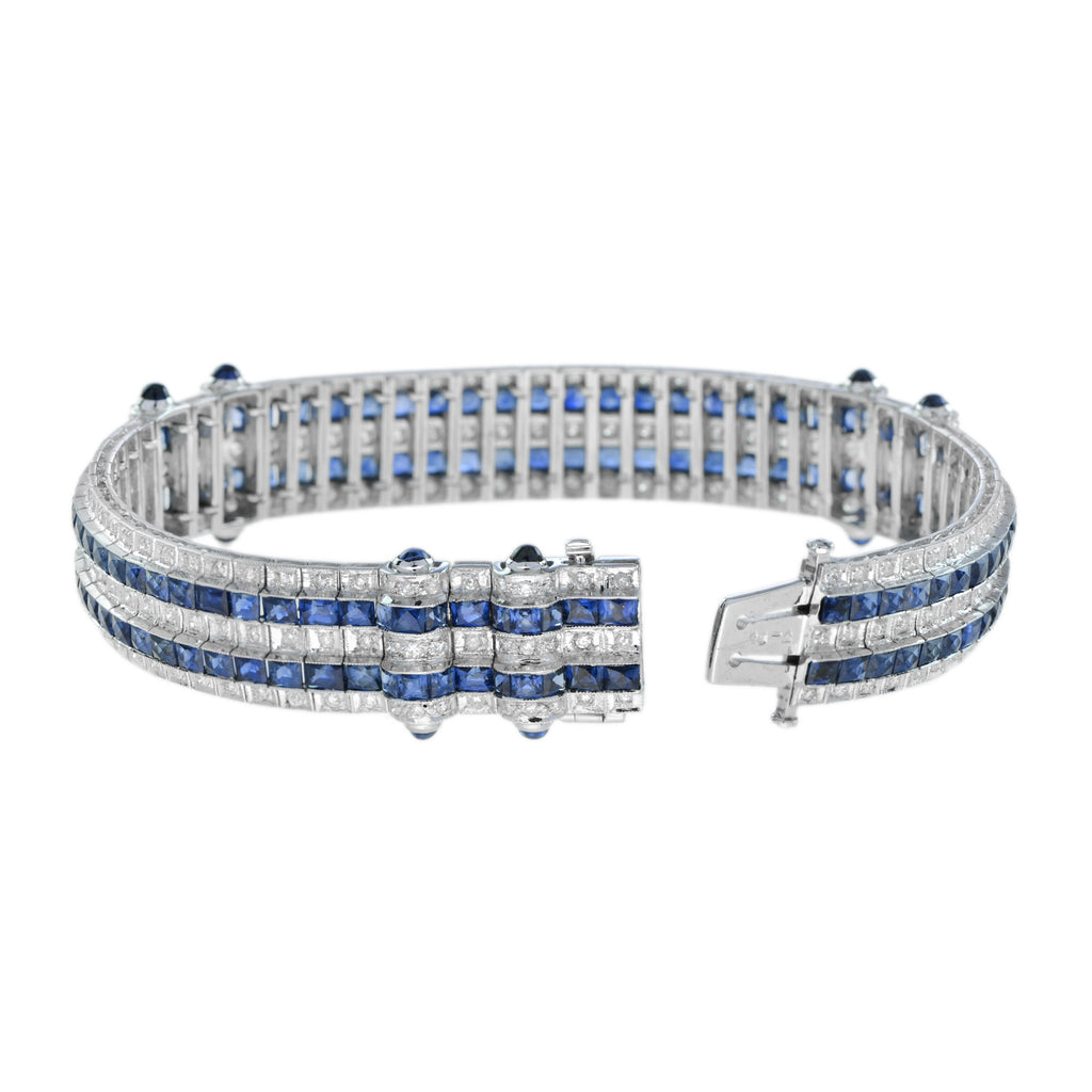 Art Deco Style Blue Sapphire & Diamond Princess Tennis 18K White Gold Bracelet
