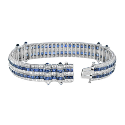 Art Deco Style Blue Sapphire & Diamond Princess Tennis 18K White Gold Bracelet