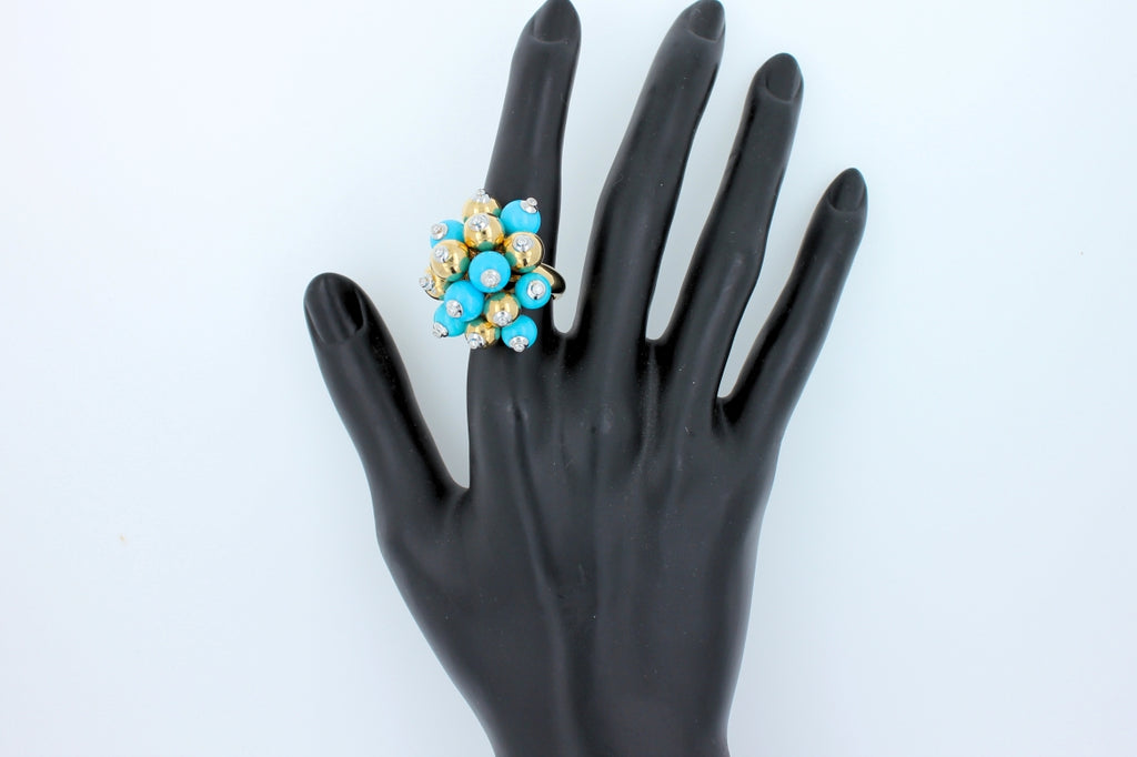 Blue Turquoise Diamonds Golden Spheres Balls Christmas Bells Motif 18K Gold Ring