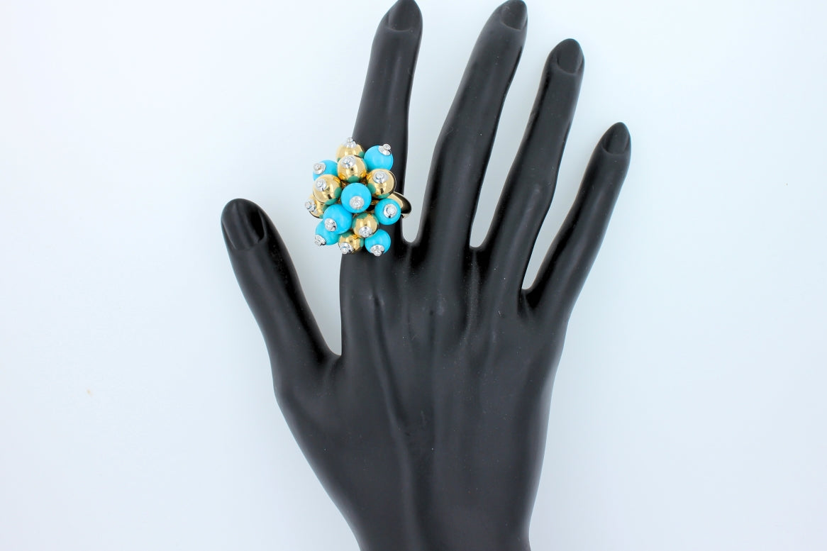 blue turquoise diamonds golden spheres balls christmas bells motif 18k gold ring