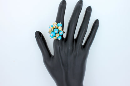 Blue Turquoise Diamonds Golden Spheres Balls Christmas Bells Motif 18K Gold Ring
