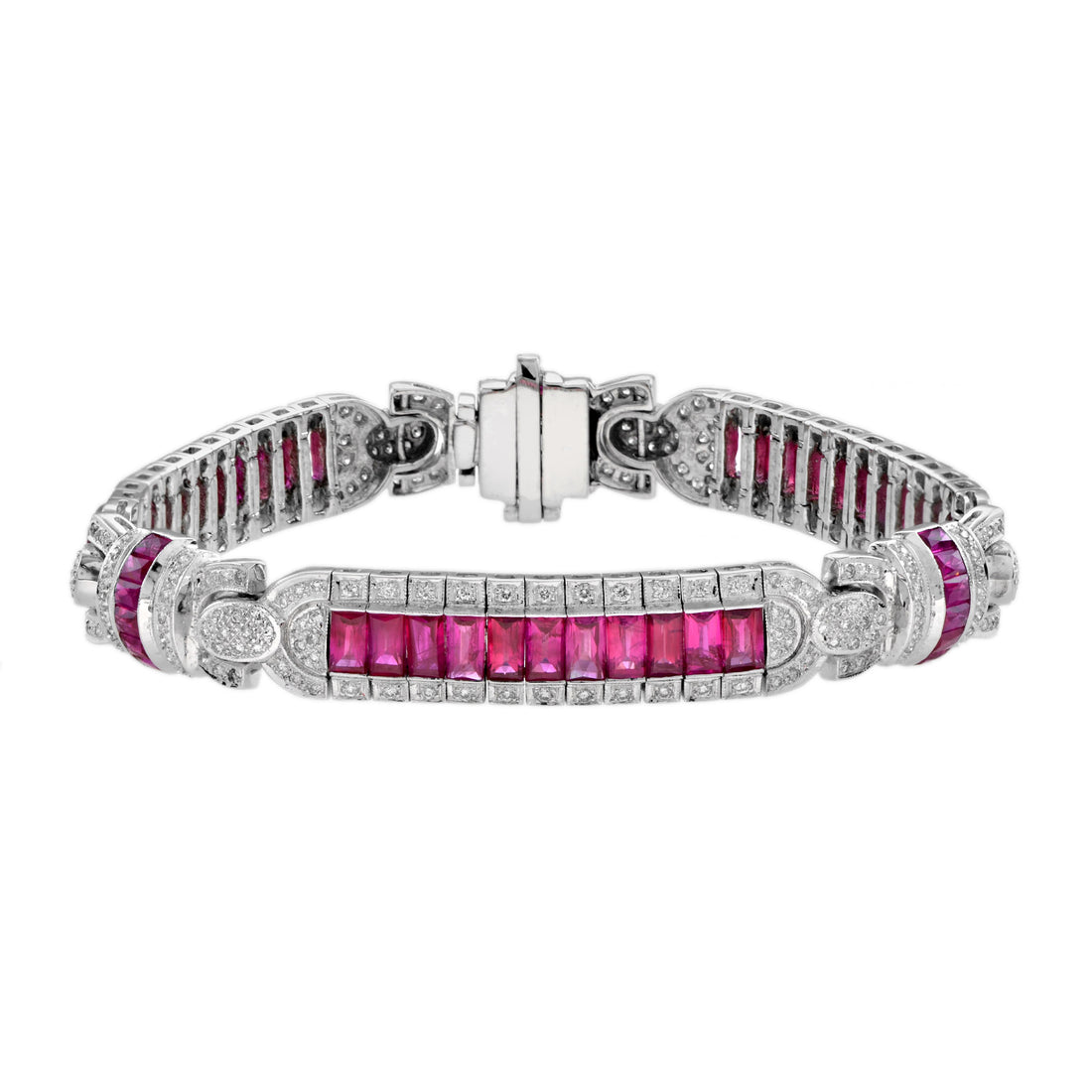 Art Deco Inspired Style Red Pink Ruby &amp; Diamond 18K White Gold Unique Bracelet