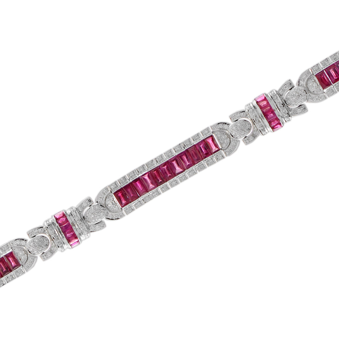 Art Deco Inspired Style Red Pink Ruby &amp; Diamond 18K White Gold Unique Bracelet