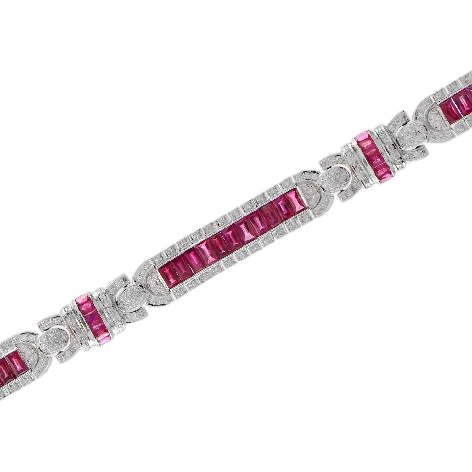 Art Deco Inspired Style Red Pink Ruby &amp; Diamond 18K White Gold Unique Bracelet