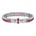 Art Deco Inspired Style Red Pink Ruby & Diamond 18K White Gold Unique Bracelet
