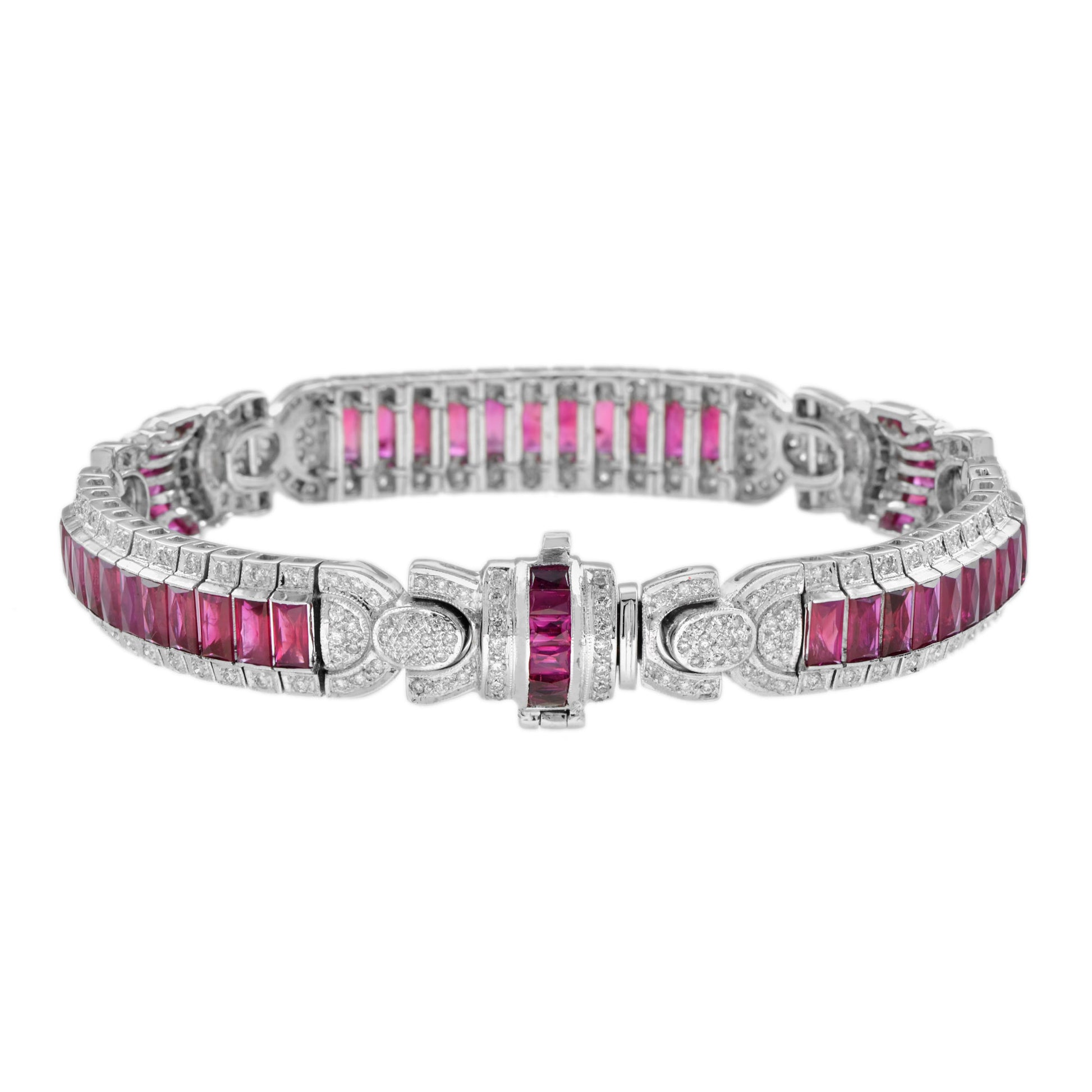Art Deco Inspired Style Red Pink Ruby & Diamond 18K White Gold Unique Bracelet