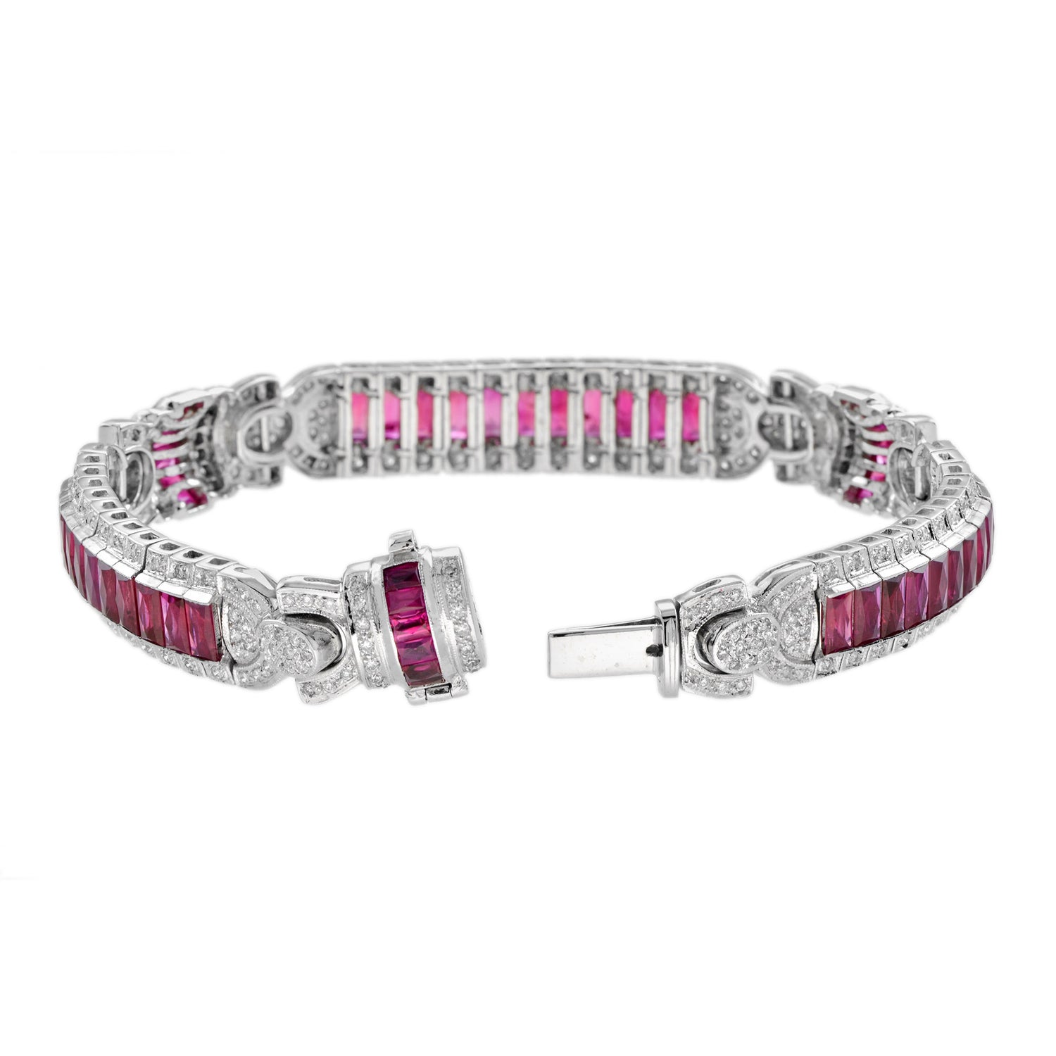 Art Deco Inspired Style Red Pink Ruby &amp; Diamond 18K White Gold Unique Bracelet