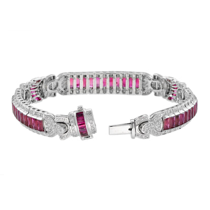 Art Deco Inspired Style Red Pink Ruby & Diamond 18K White Gold Unique Bracelet