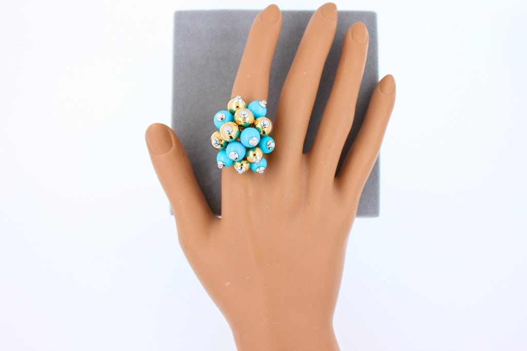 Blue Turquoise Diamonds Golden Spheres Balls Christmas Bells Motif 18K Gold Ring