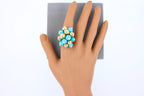 Blue Turquoise Diamonds Golden Spheres Balls Christmas Bells Motif 18K Gold Ring