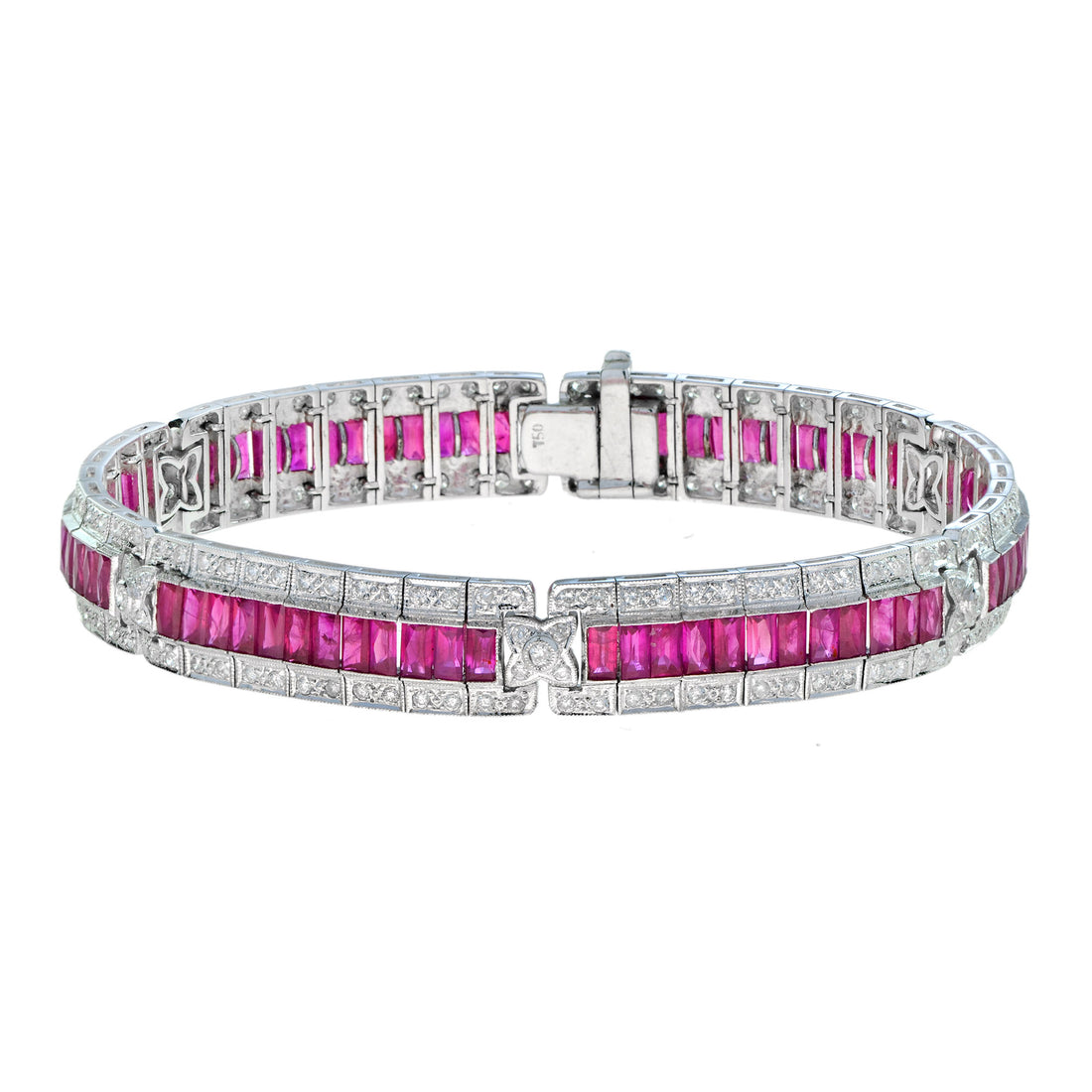 Art Deco Style Pink Red Ruby & Diamond Baguette Tennis 18K White Gold Bracelet