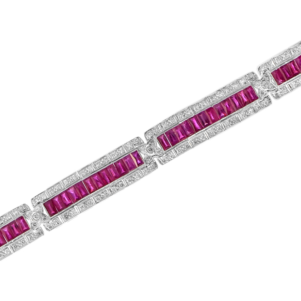 Art Deco Style Pink Red Ruby & Diamond Baguette Tennis 18K White Gold Bracelet