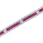 Art Deco Style Pink Red Ruby & Diamond Baguette Tennis 18K White Gold Bracelet