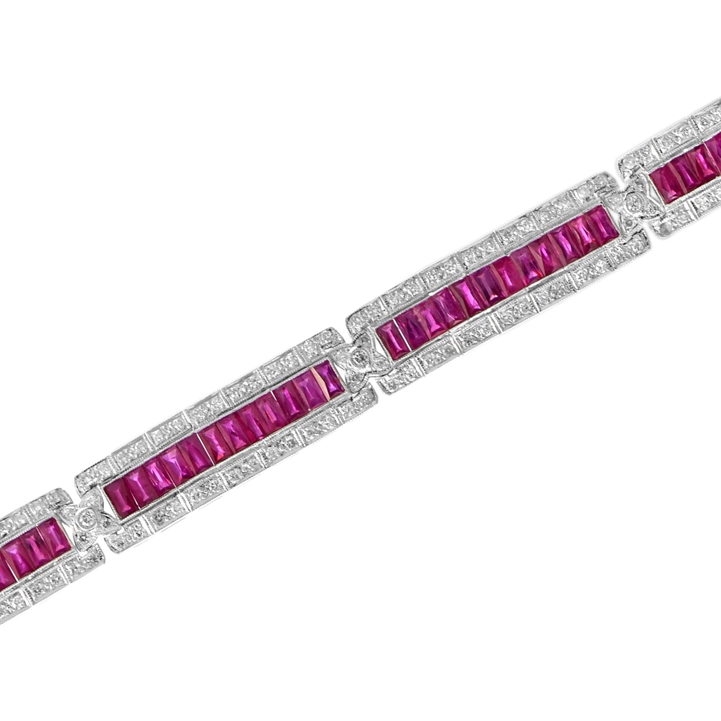 art deco style pink red ruby & diamond baguette tennis 18k white gold bracelet