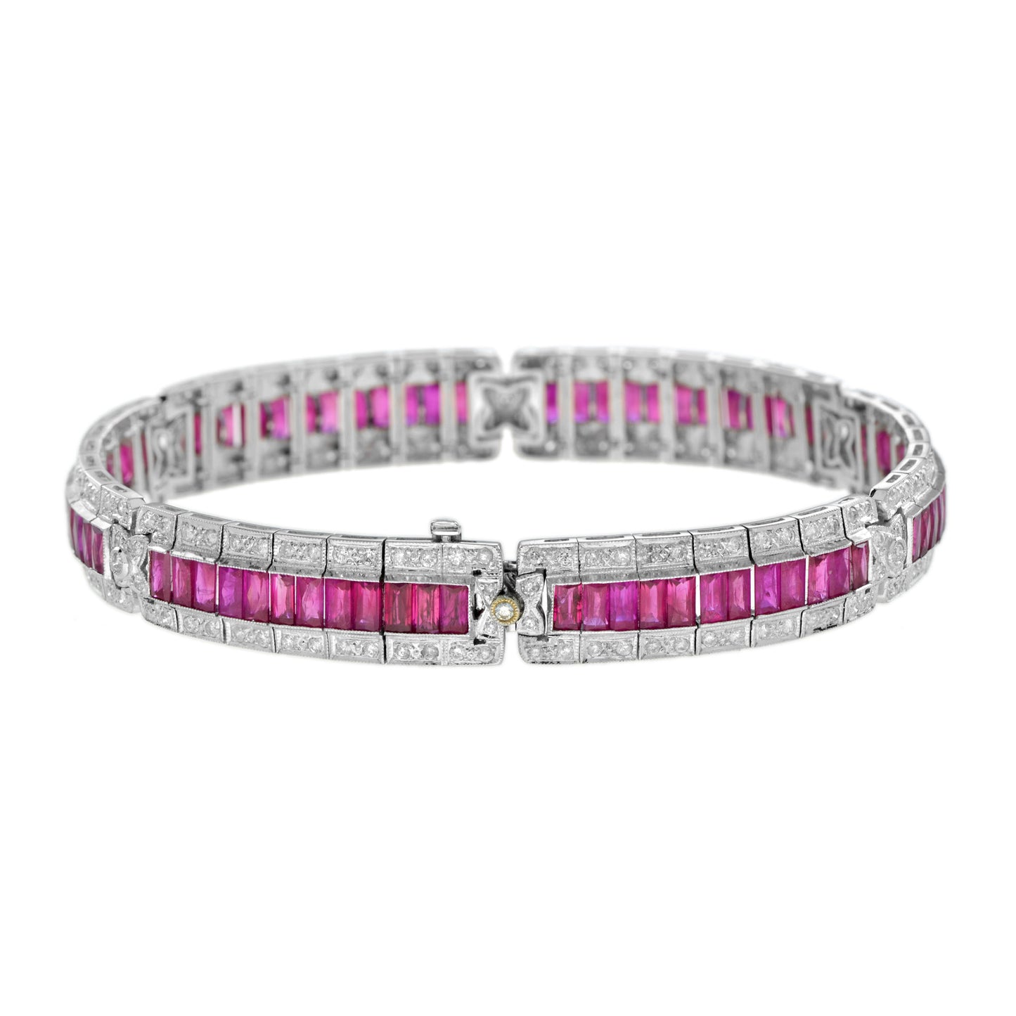 art deco style pink red ruby & diamond baguette tennis 18k white gold bracelet
