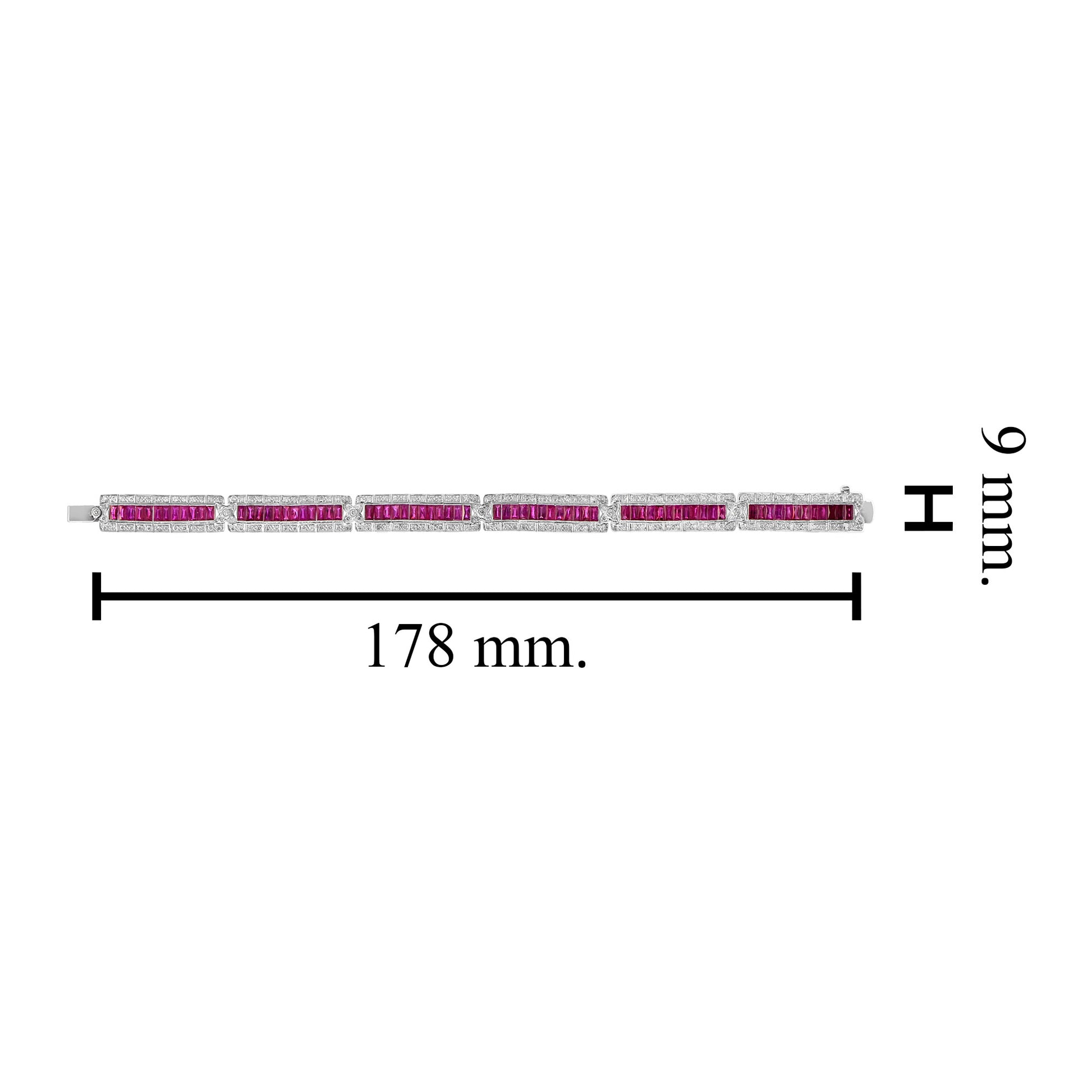 Art Deco Style Pink Red Ruby & Diamond Baguette Tennis 18K White Gold Bracelet