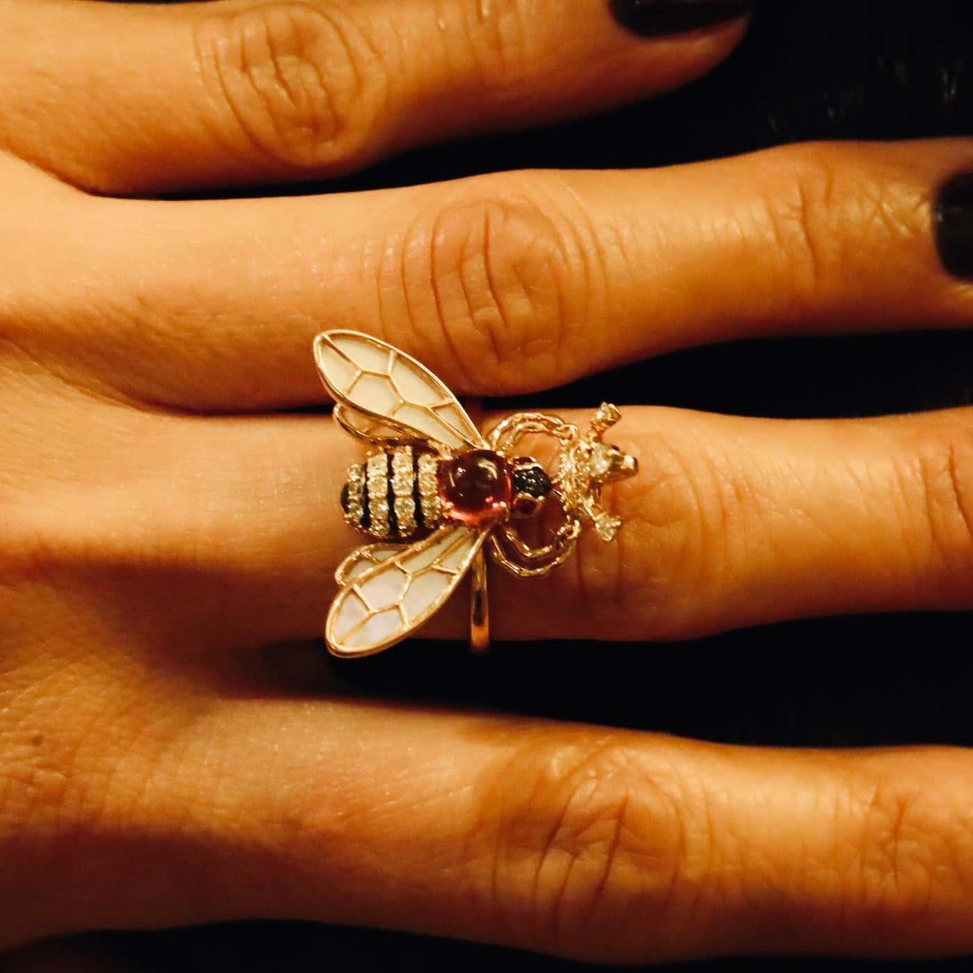 pink tourmaline & diamond pave bee 18k rose gold animal ring