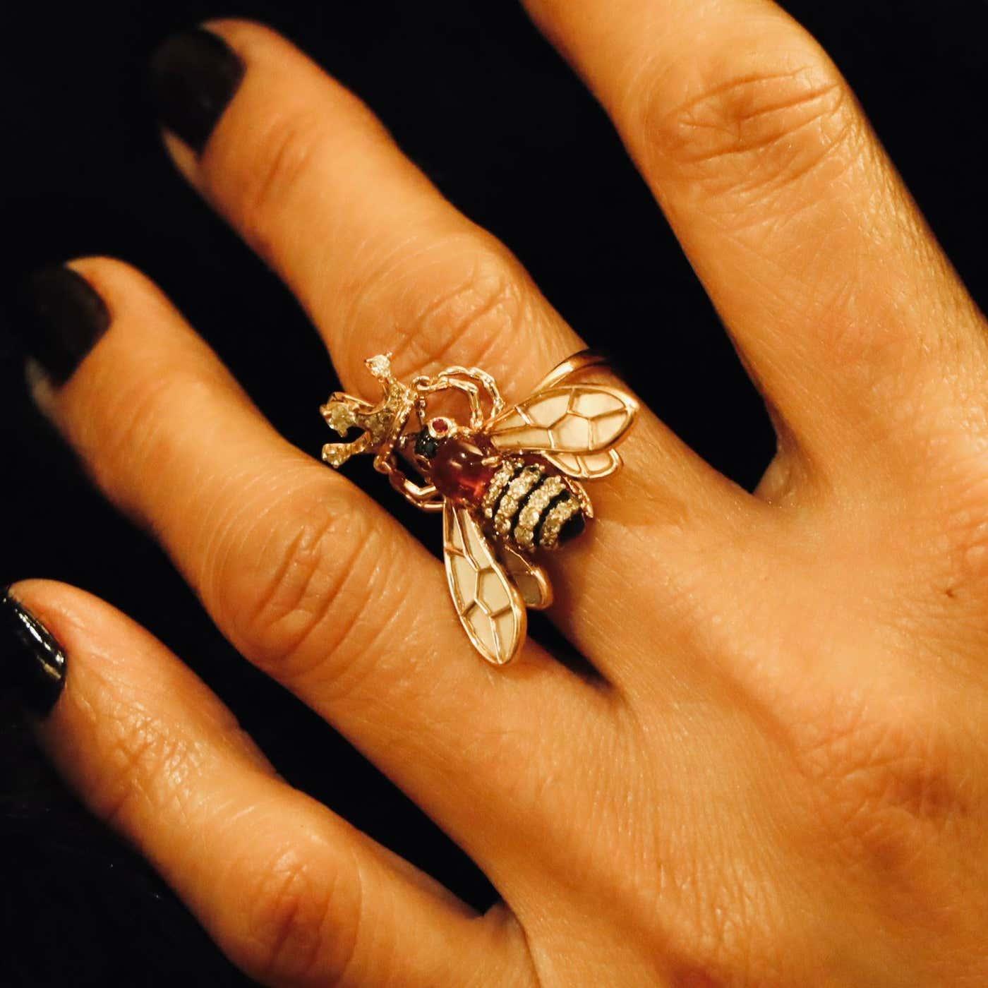 pink tourmaline & diamond pave bee 18k rose gold animal ring