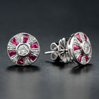 Round Diamond & French Cut Red Pink Ruby Art Deco Style Stud White Gold Earrings