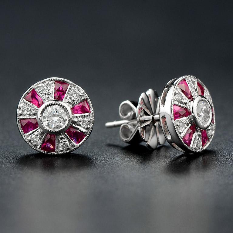 Round Diamond &amp; French Cut Red Pink Ruby Art Deco Style Stud White Gold Earrings