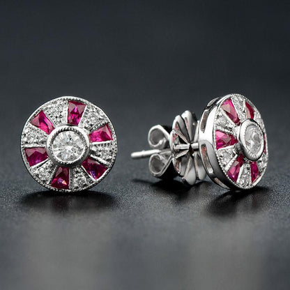 Round Diamond & French Cut Red Pink Ruby Art Deco Style Stud White Gold Earrings