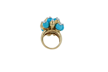 Blue Turquoise Diamonds Golden Spheres Balls Christmas Bells Motif 18K Gold Ring