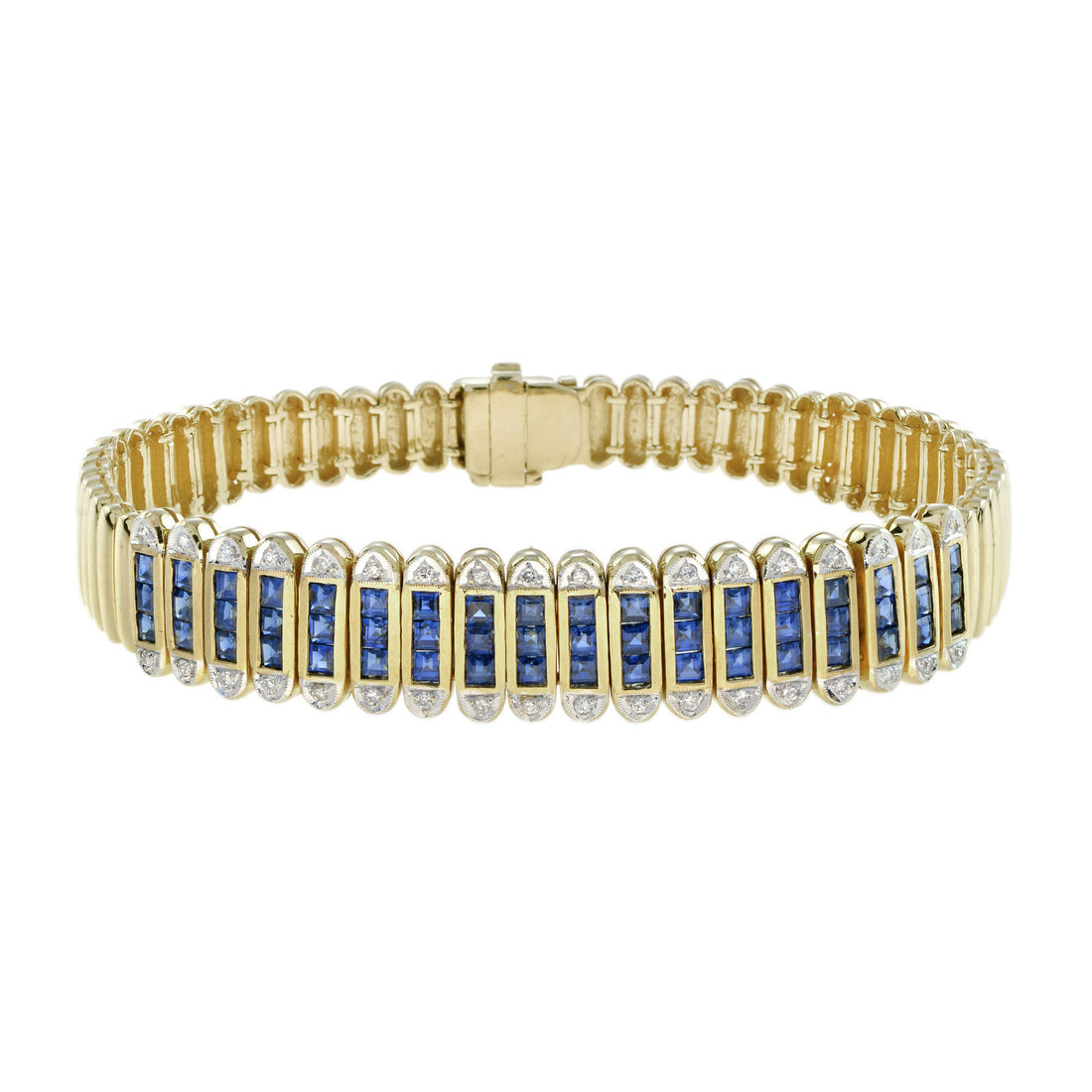 French Cut Blue Sapphire & Diamond 18K Yellow Gold Unique Bracelet