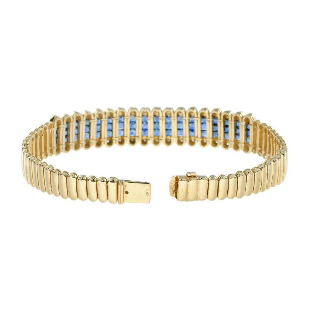 French Cut Blue Sapphire & Diamond 18K Yellow Gold Unique Bracelet