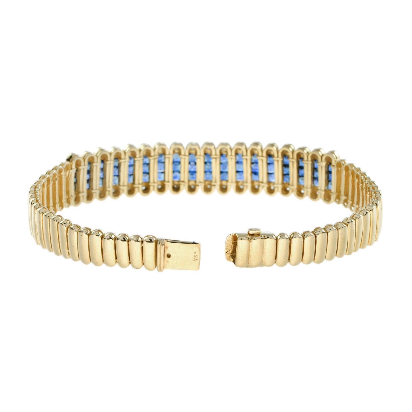 french cut blue sapphire & diamond 18k yellow gold unique bracelet