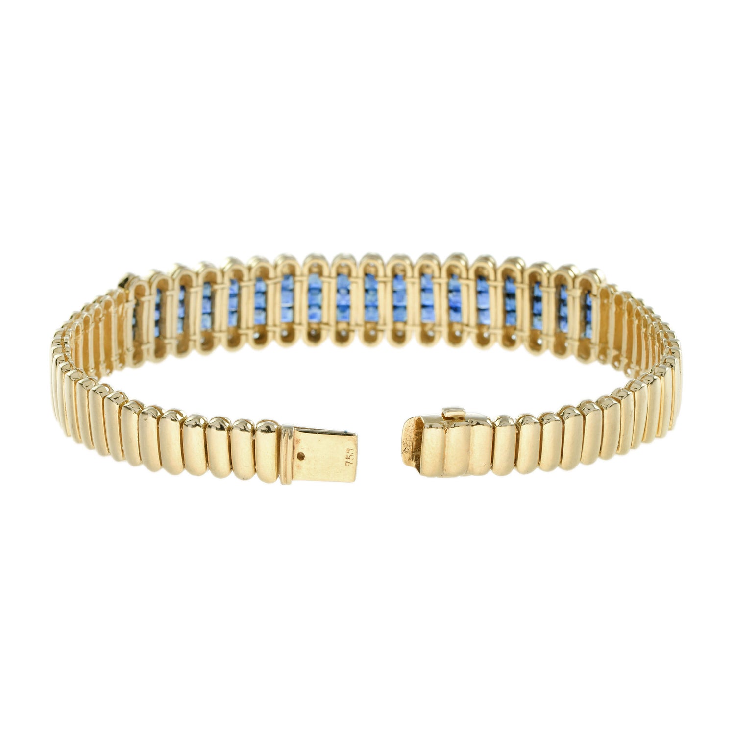 French Cut Blue Sapphire &amp; Diamond 18K Yellow Gold Unique Bracelet